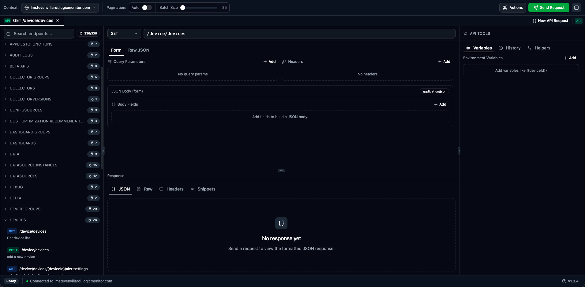 Full API Explorer interface showing request builder and response