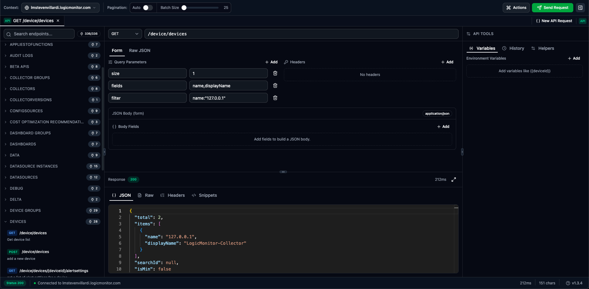 Request builder with endpoint, parameters, and JSON body