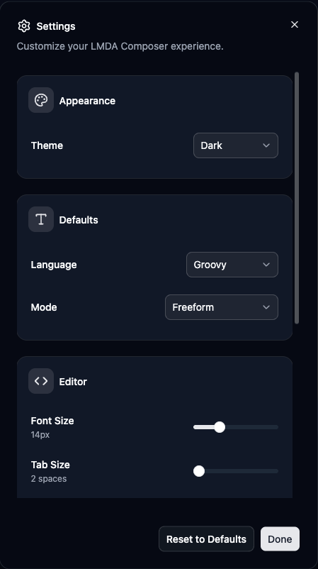 Settings dialog with editor configuration options