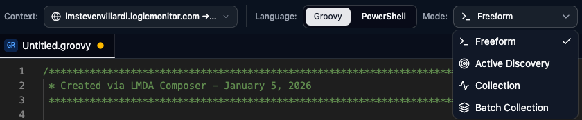 Toolbar showing mode dropdown with all options
