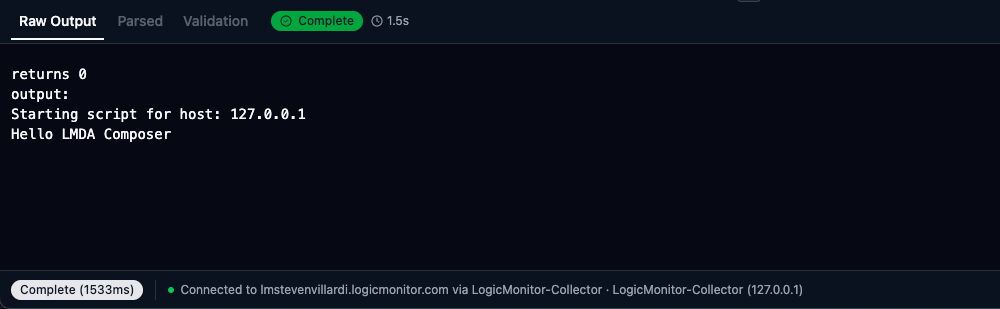 Output panel showing successful execution with Complete status