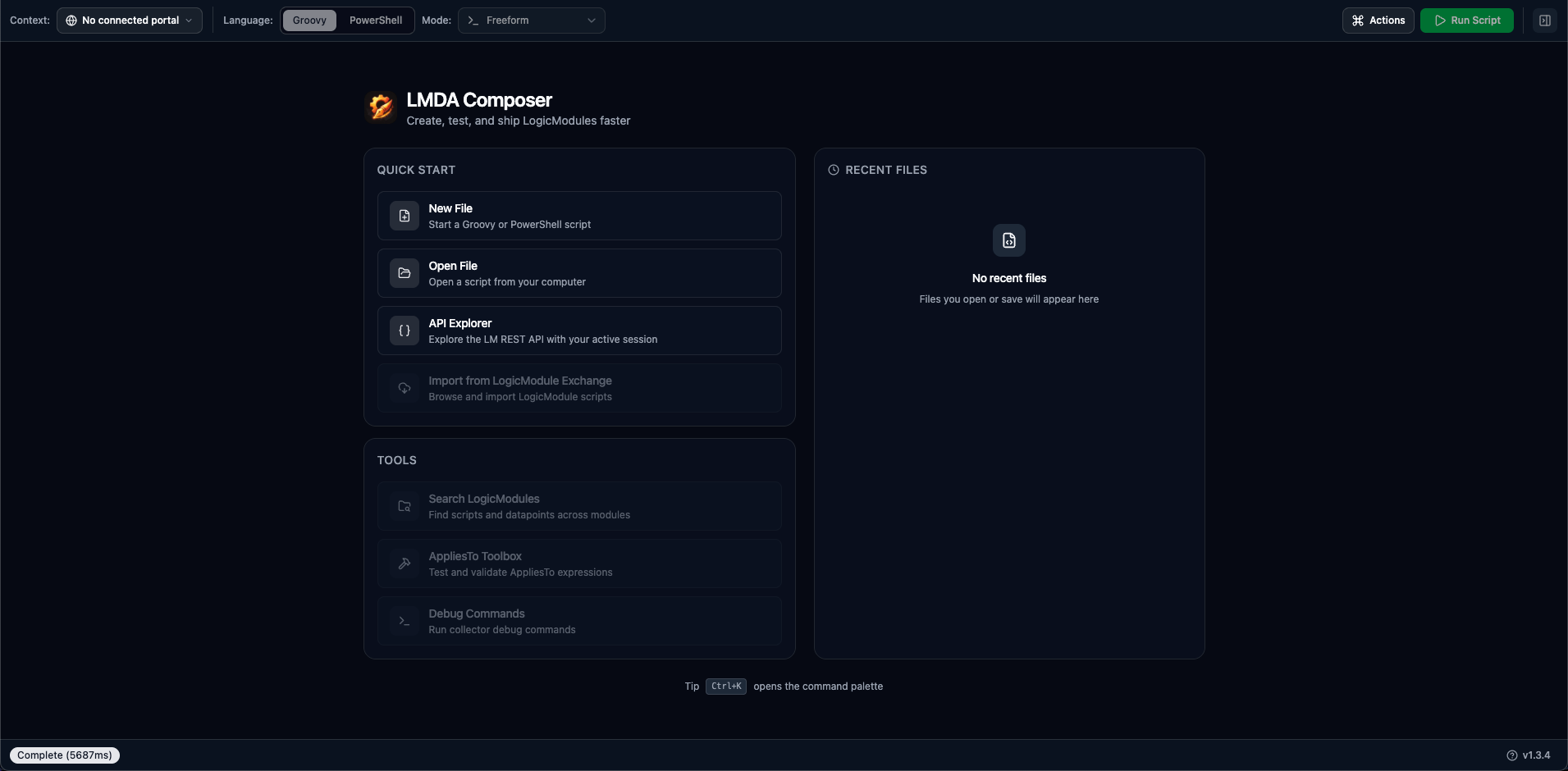 The welcome screen after opening LMDA Composer