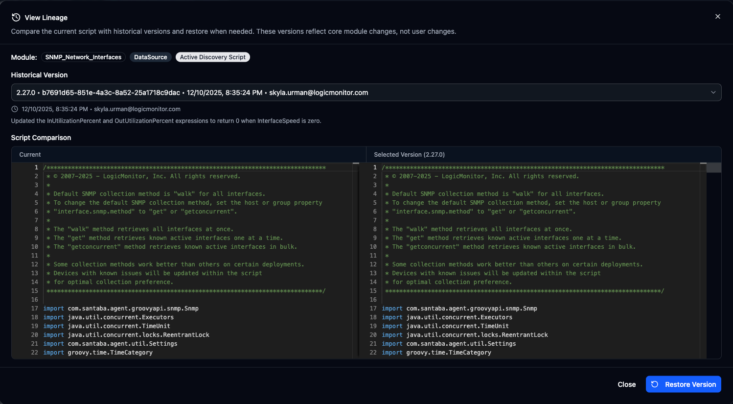 Lineage dialog showing version list and diff viewer