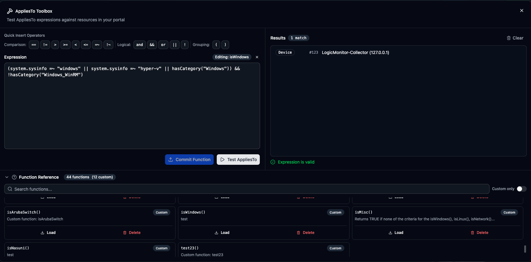 AppliesTo Toolbox with expression editor and matching resources