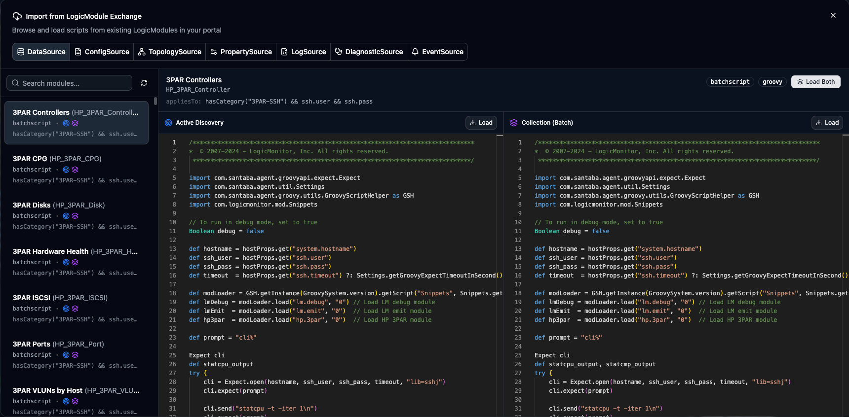 LogicModule Browser showing module list and script preview