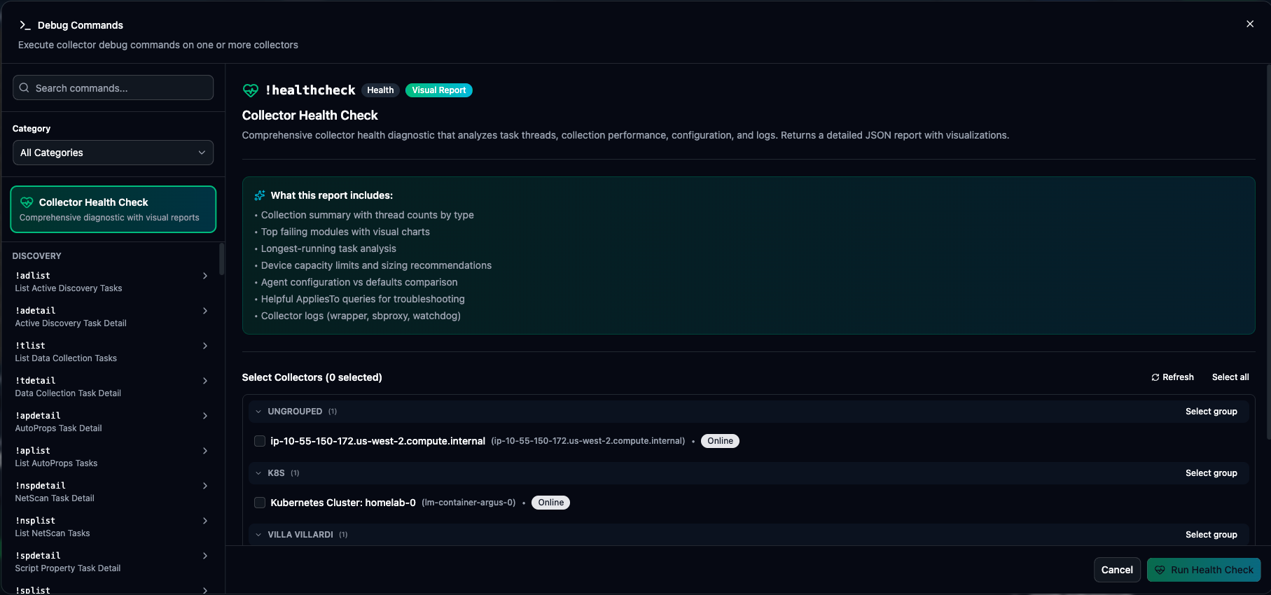 Debug Commands dialog with command list and categories