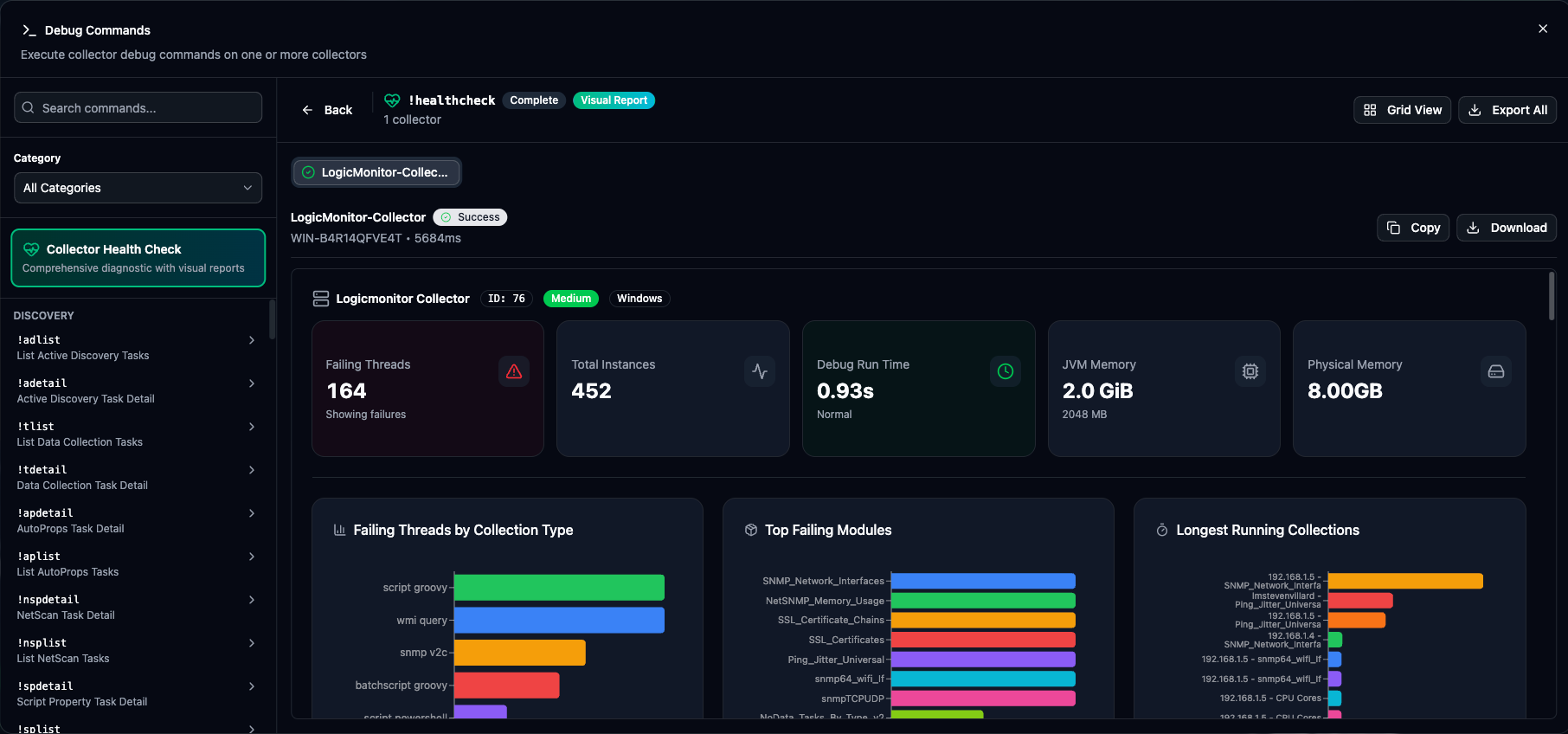 Health check report with summary cards and detailed tables
