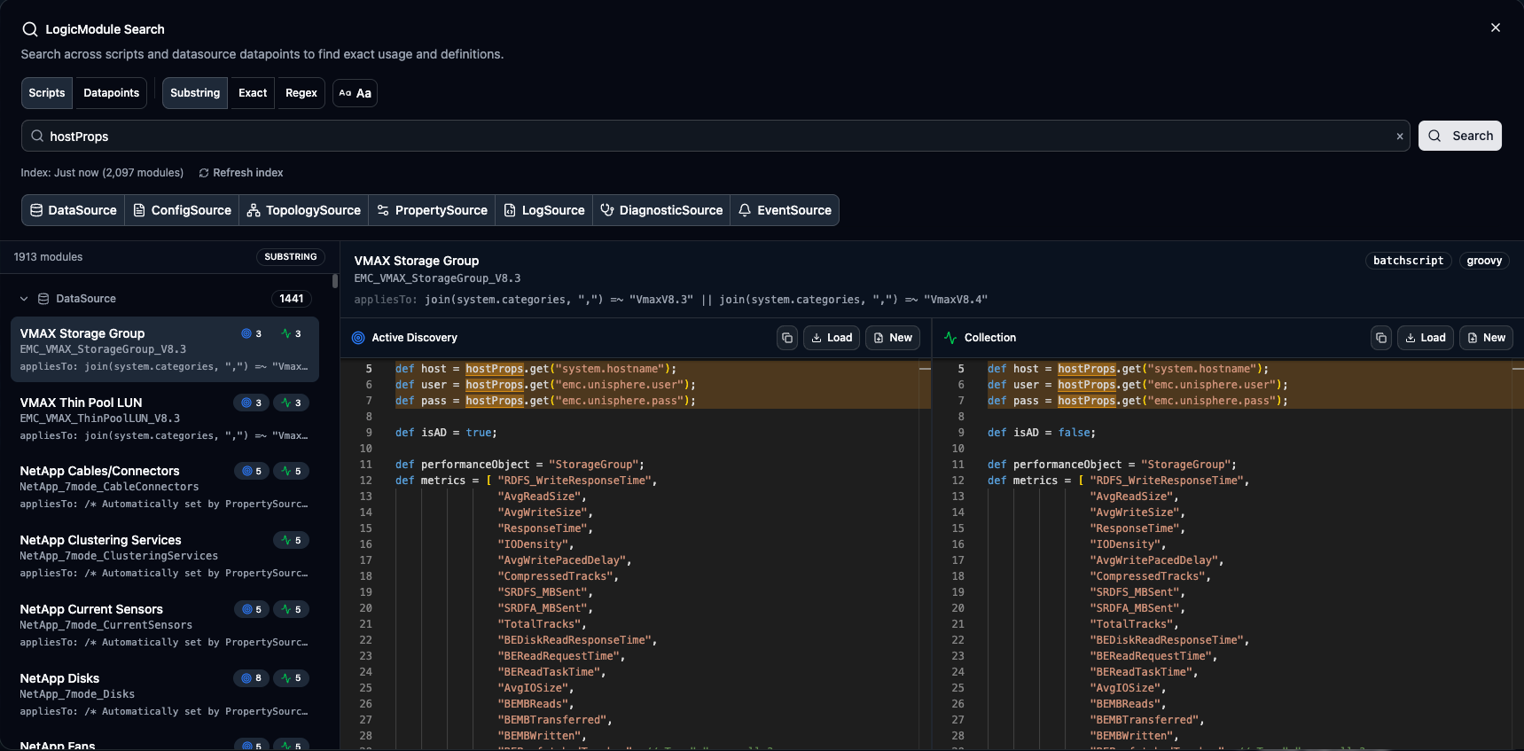 Search dialog showing results grouped by module type