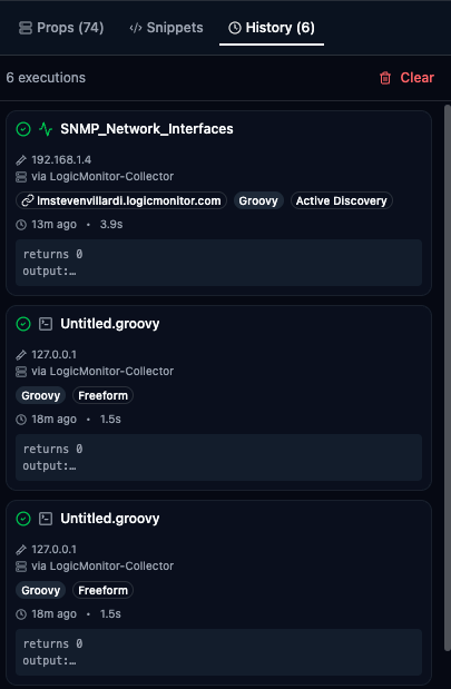 Execution history panel showing past runs