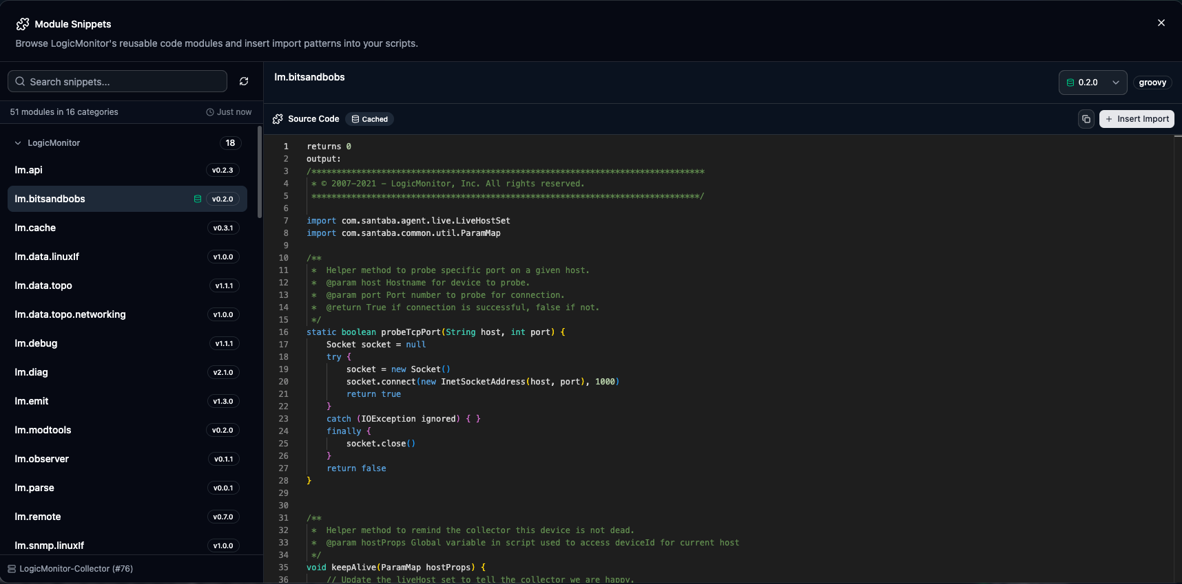 Module Snippets dialog showing categorized modules and source preview