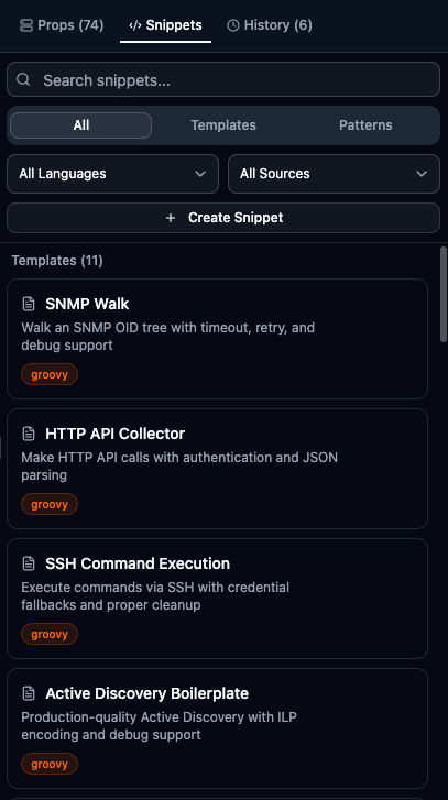 Snippets panel showing categories and code preview